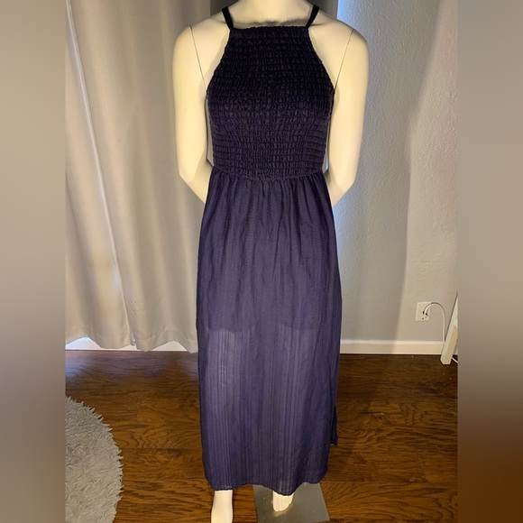 Navy linen maxi dress with slits on both sides - Picture 1 of 2